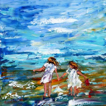 petites filles au couteau plage Impressionnisme enfant Peinture à l'huile